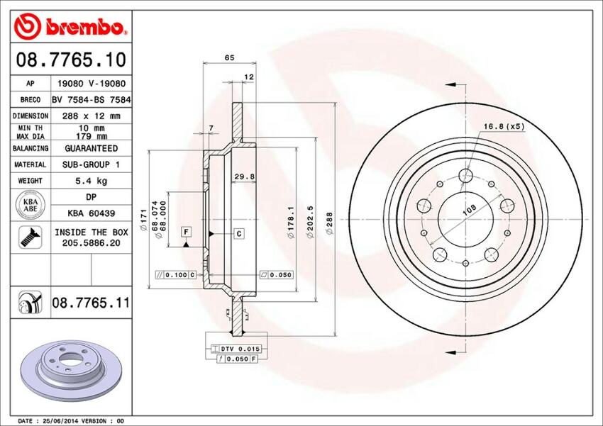 Volvo Brembo Disc Brake Rotor - Rear (288mm) 31471821